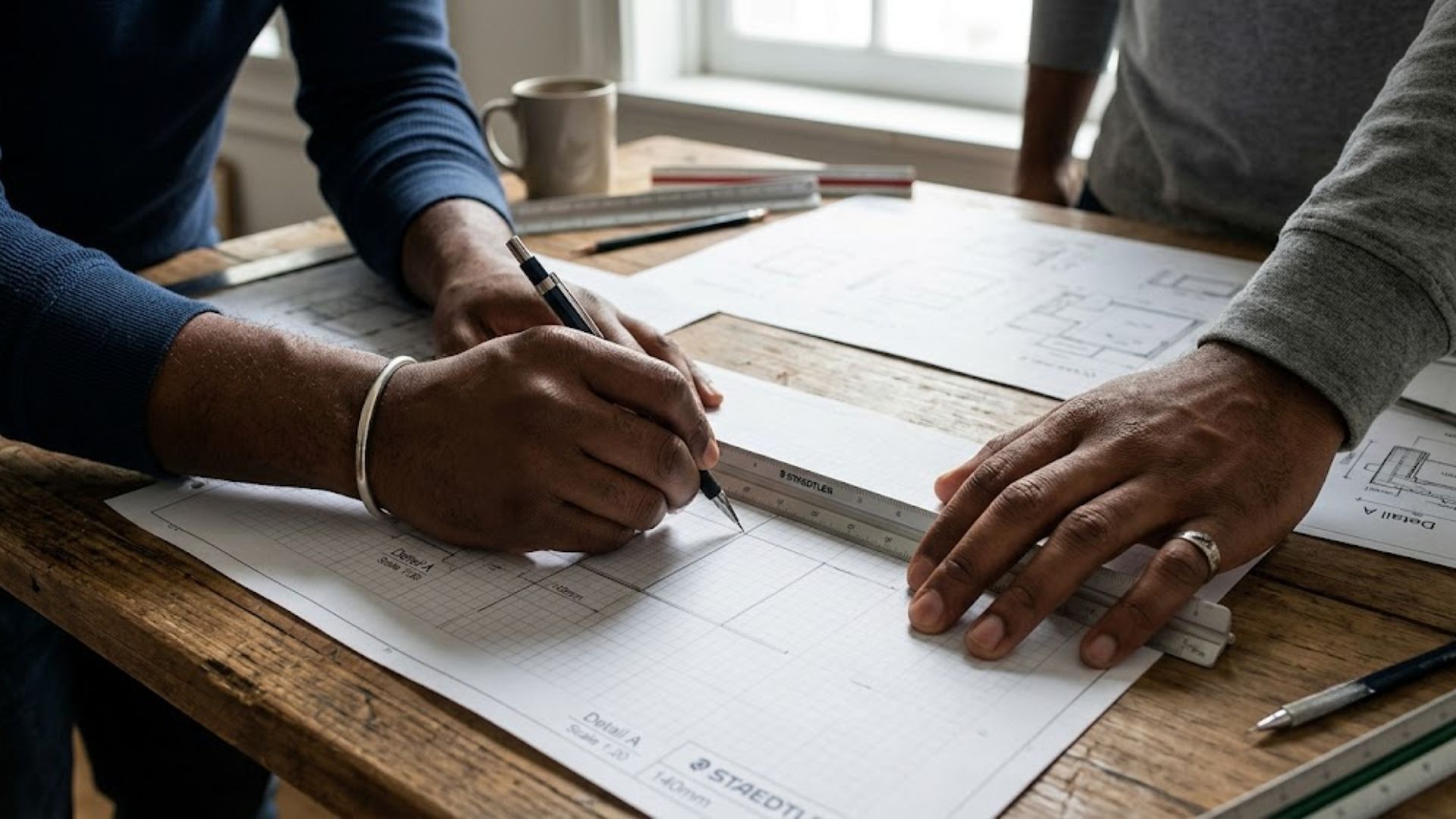 Close view of hands at work over plans and tools at a desk.