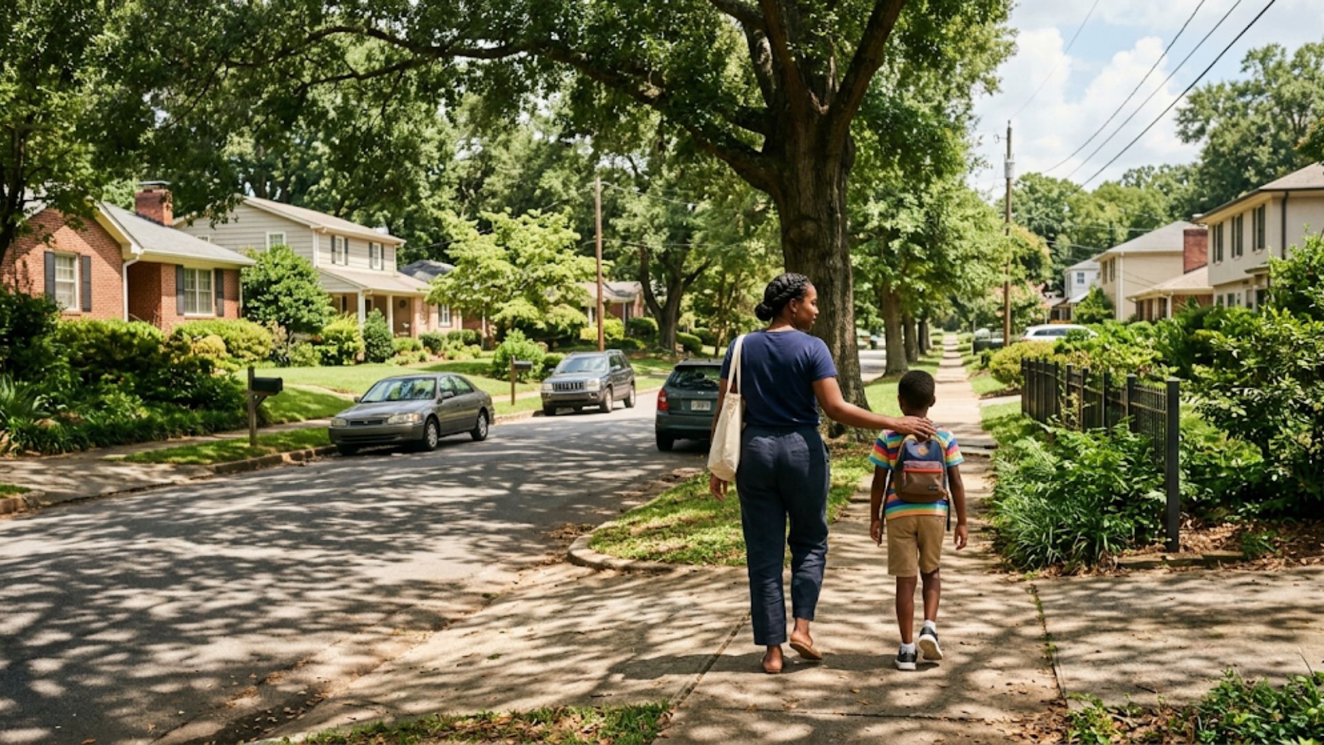 A tree-lined residential street in Homewood, Alabama at midday.