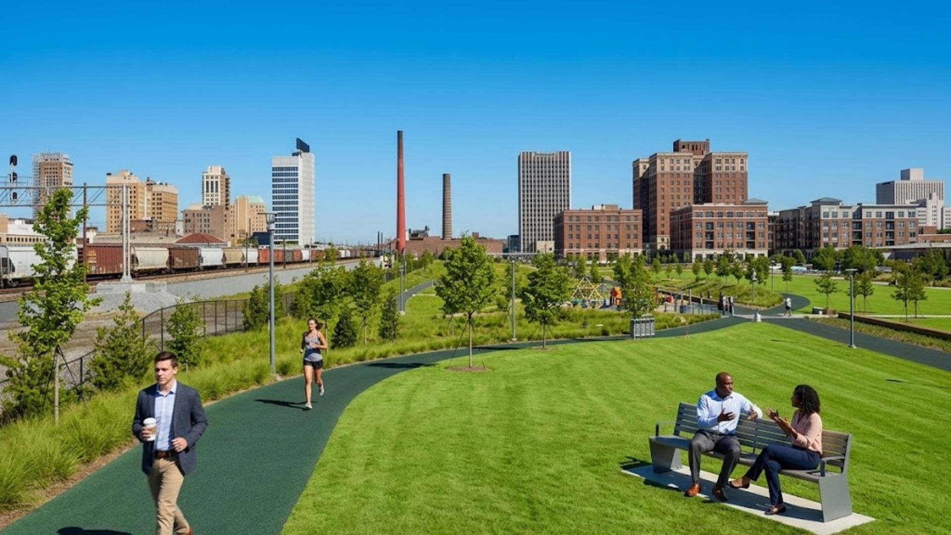 Railroad Park in downtown Birmingham at midday, with the city skyline behind it.