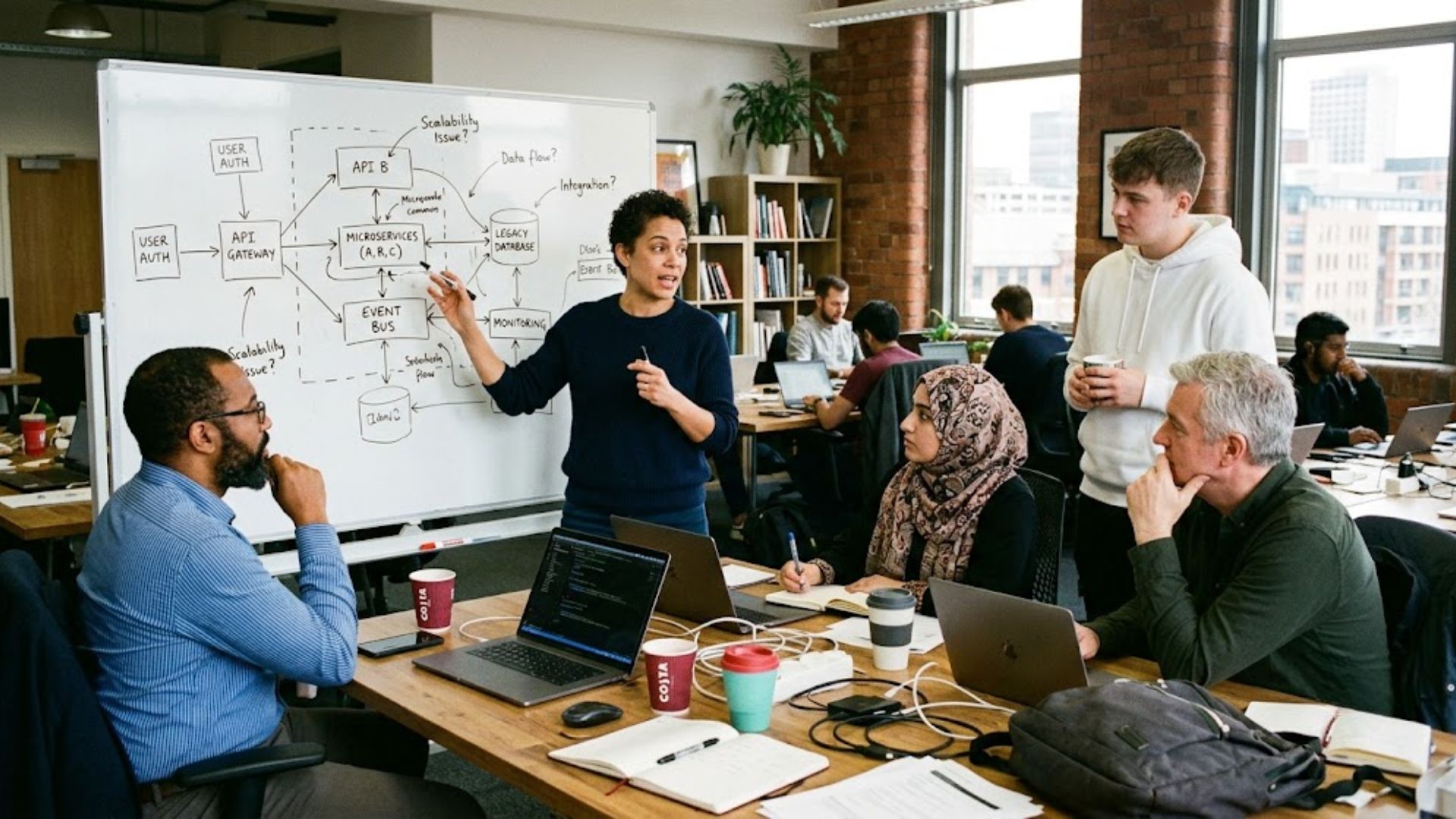 A whiteboard covered in architecture diagrams during a working session.