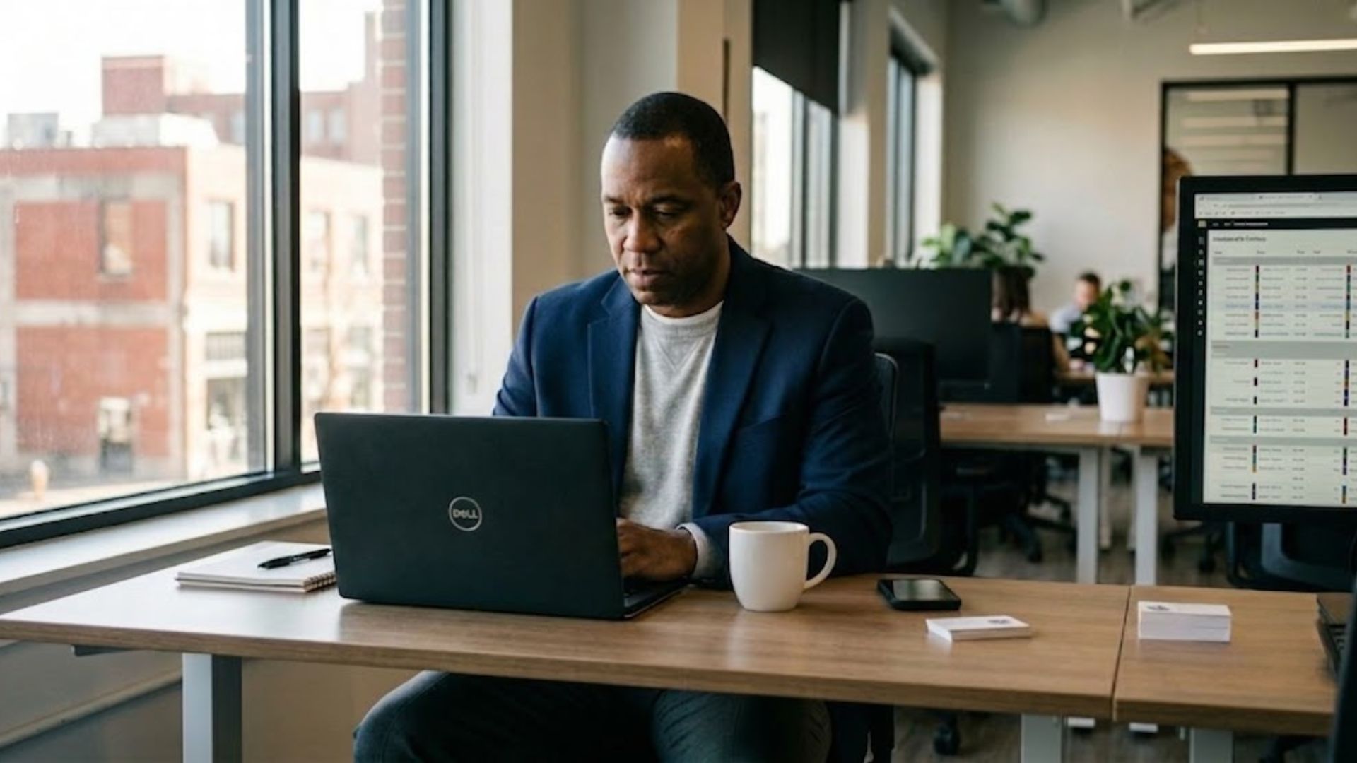 A league commissioner administering a season from a laptop in a modern office.