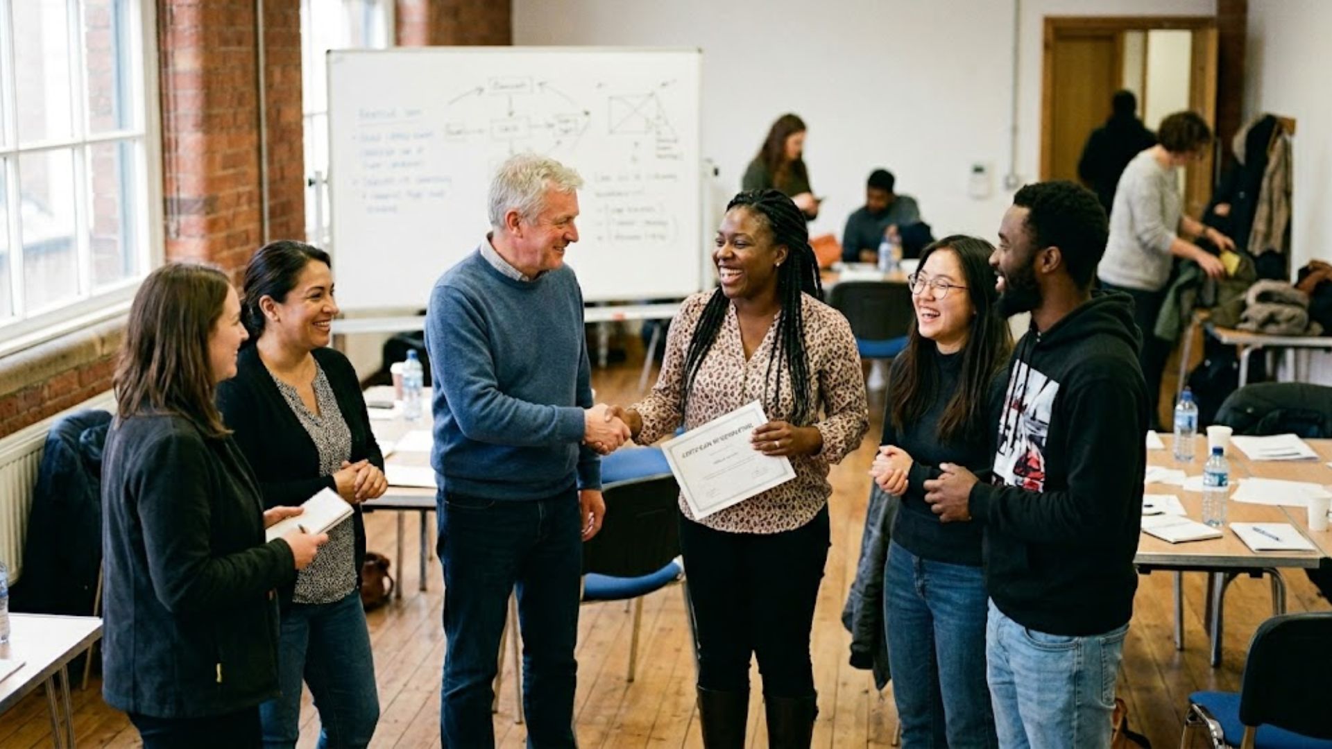 A training cohort gathered together at a graduation moment.